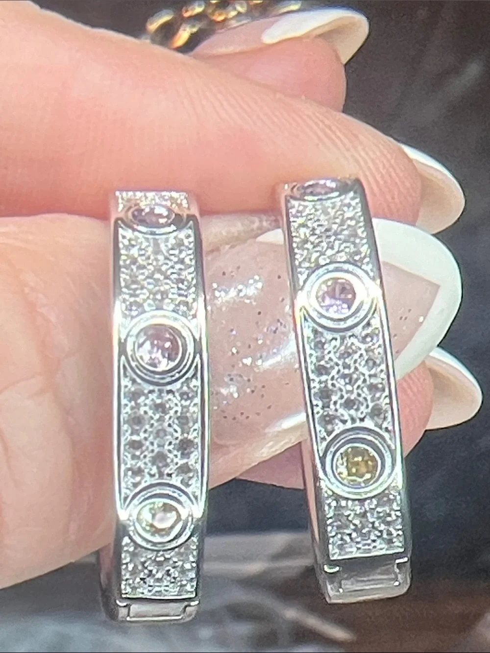 Shimmery Silver Crystal Multi Color Stone Hoop Earrings